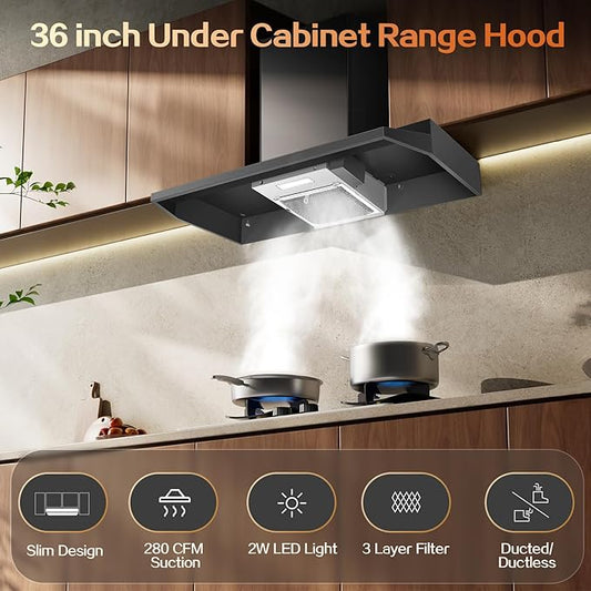 Under Cabinet Range Hood 36 inch, Ducted/Ductless Vent Hood with 2 Speeds Fan, Black Range Hood with Rocker Button Control, Kitchen Hood 280CFM, Bright LED Light