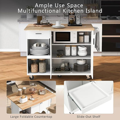 RUNNA Kitchen Island with Foldable Counter Top,Kitchen Storage Cart with Slide-Out Shelf,Towel Rack and Drawer, Rolling Cart on Wheels,Living Room,Dining Room (White@036)