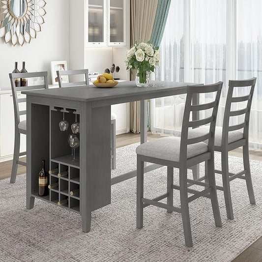 Rubber Wood Kitchen Table Set for 4, Kitchen Island with Bar Wine Compartment, Wineglass Holders for Dining Room, Rustic Style Counter Height Dining Room Table Set for Dining Room, Grey