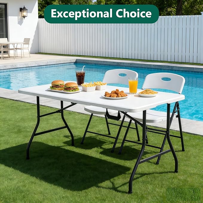 Folding Table 5ft - Heavy Duty Fold-in-Half Plastic Table with Adjustable Height, Portable Utility Tables with Steel Legs for Indoor, Outdoor, Picnic, Camping, Dining, Party (White)