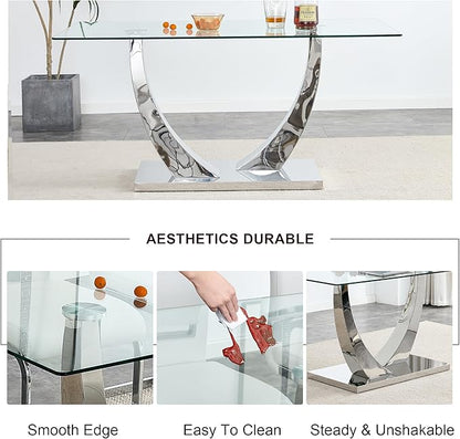 71” Glass Dining Table for 6-8, Modern Dining Room Table with 0.4” Thick Tempered Glass Top, Sturdy Silver Kitchen Table with Metal U-Shaped Legs for Kitchen Dining Room