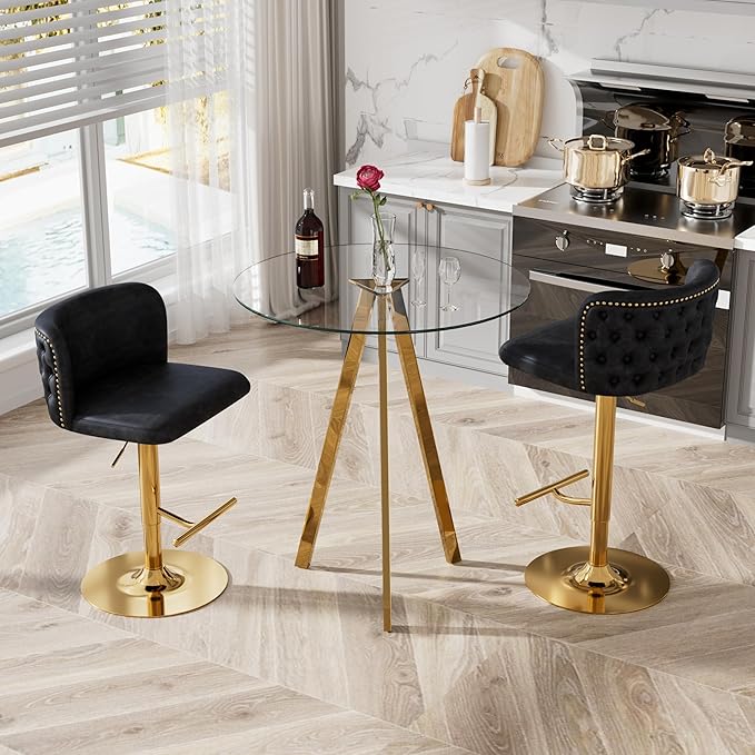 3-Piece Pub Table and Chairs, Round Bar Height Adjustable Swivel PU Leather Bar Stools Set of 2 for Kitchen Island Bistro Office Living Room Small Space Restaurant