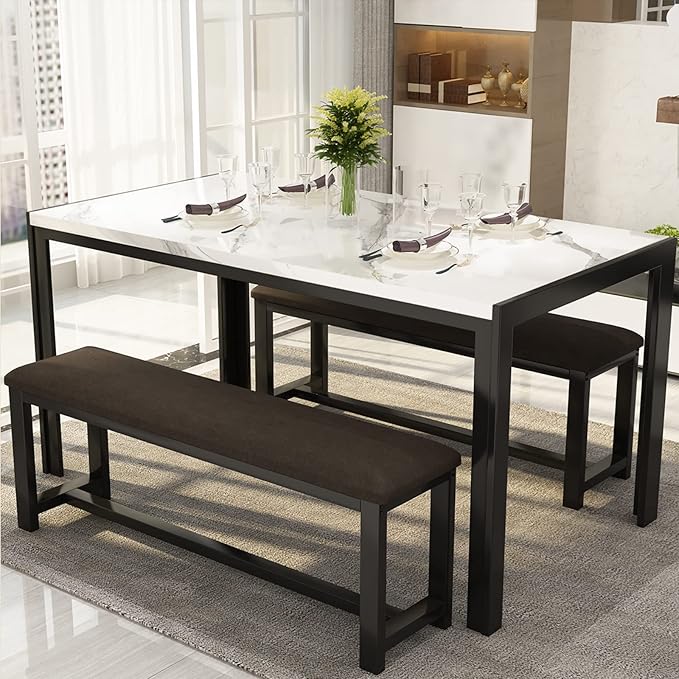 Recaceik Dining Table Set for 4, Kitchen Table and Chairs for 4, Faux Marble Dining Room Table with 2 Benches, Space Saving Dining Table and Upholstered PU Leather Bench for Small Spaces, White*