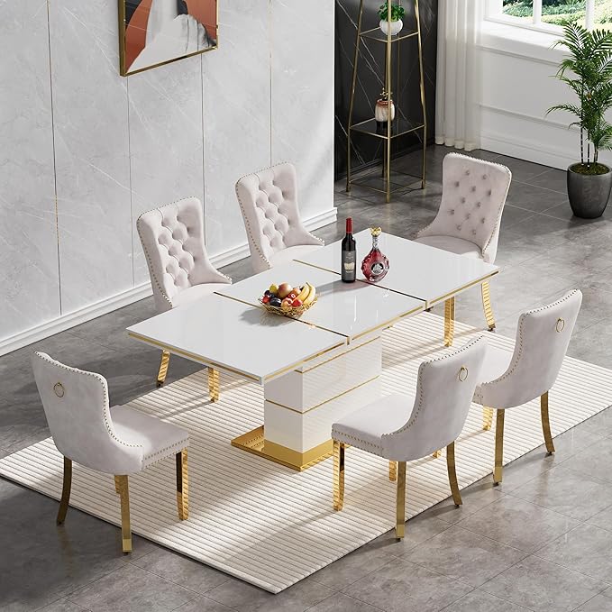 70" White Dining Table for 4 6, Modern Glossy Kitchen Table with 1.5" Thick Lacquered Tabletop and Gold Stainless Steel Trim, Luxury Rectangular Dinner Tables for Dining Room