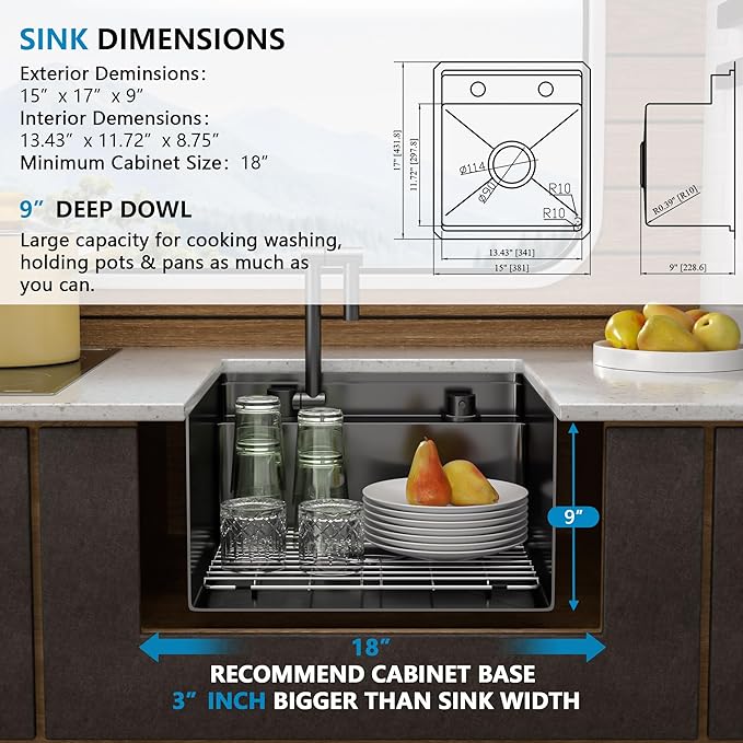 15 Inch Undermount RV Kitchen Sink Workstation - Fulorni 15"x17" Outdoor RV Mobile Camper Wet Bar Prep Sink Gunmetal Black NANO-PVD 16 Gauge 304 Stainless Steel Single Bowl Basin with Foldable Faucet