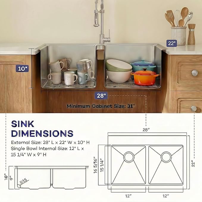 LQS Double Bowl Kitchen Sink, Undermount/Drop In Kitchen Sink, Double Bowl Stainless Steel Kitchen Sinks, 16 Gauge Stainless Steel Handmade Sinks (Stainless Steel, 28" x 22" x 10")