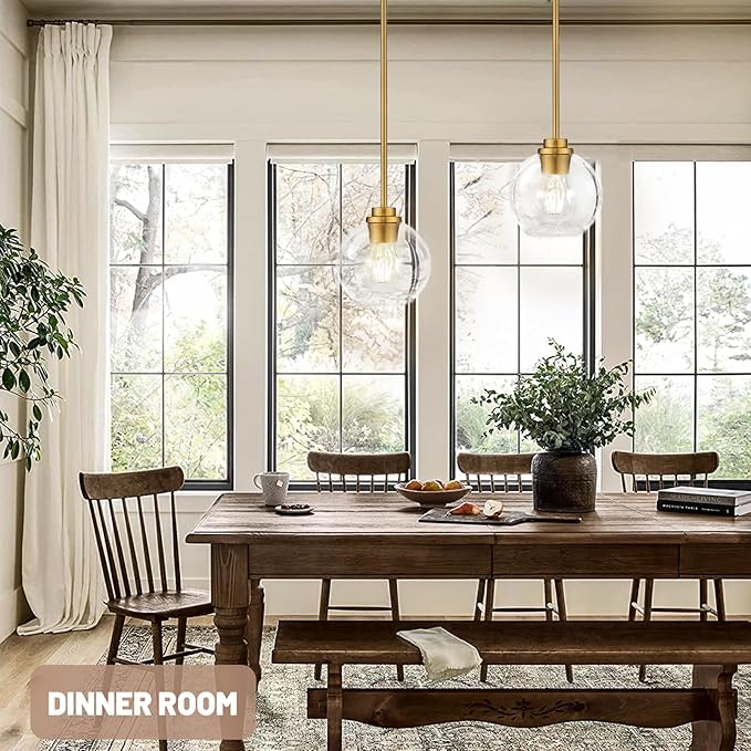 Gold Pendant Light, 7 Inch Clear Glass Farmhouse Hanging Fixture, Adjustable Height & Sloped Ceiling Compatible for Kitchen Island Dining Room Entryway Bedroom Hallway, 2 Pack