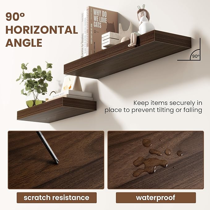 Acovy 16 Inch Floating Shelves for Wall 2 Pack, 16" Wall Shelves for Books, Storage, Decor, Wall Mounted Floating Shelf with Invisible Brackets for Kitchen, Living Room, Walnut