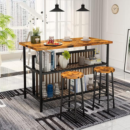 AWQM Kitchen Island with Seating & Storage Shelf, Wooden Island Table for Kitchen, Modern Bar Table and Chairs Set for 2,Dining Table Set for Small Space,Walnut