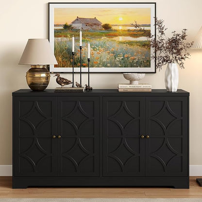 RoyalCraft Sideboard Buffet Cabinet with Storage, 56" Modern Sideboard with 4 Carved Doors and Adjustable Shelves, Large Wood Coffee Bar Console Table for Kitchen, Dining Room, Living Room, Black