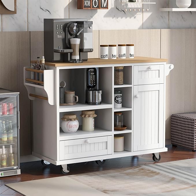 Kitchen Island Cart with Storage Cabinet and Two Locking Wheels, Microwave Cabinet, Solid Wood Desktop, Floor Standing Buffet Server Sideboard for Kitchen Room, Dining Room, Bathroom (White-JZP1)
