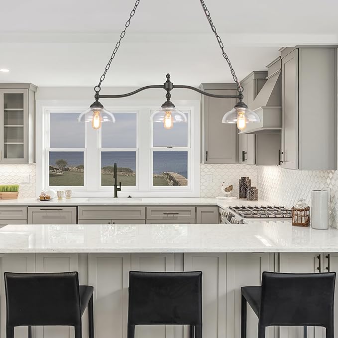 KSANA Black Farmhouse Chandelier, 3-Light Modern Linear Kitchen Island Lighting with Clear Glass Shade, Rustic Island Pendant Lights Chandeliers Light Fixture for Dining Room & Kitchen