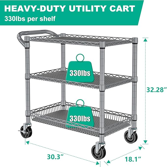 Folews Heavy Duty Rolling Cart with Wheels for Kitchen & Garage, 990LBS 3-Tier Metal Utility Cart, Adjustable Shelves & Basket, Lockable Casters, Commercial Storage Trolley, Gray