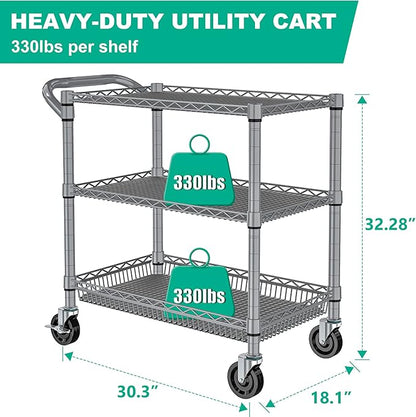 Folews Heavy Duty Rolling Cart with Wheels for Kitchen & Garage, 990LBS 3-Tier Metal Utility Cart, Adjustable Shelves & Basket, Lockable Casters, Commercial Storage Trolley, Gray