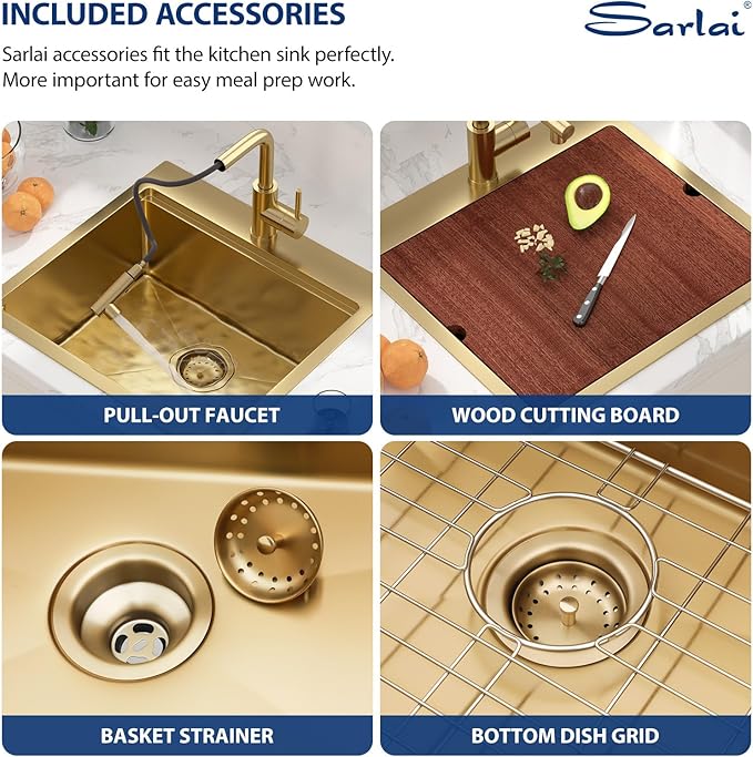 Sarlai 21 Gold Kitchen Sink with Faucet- 21x20 Inch Drop In Kitchen Sink Gold Ledge Workstation Sinks 16 Gauge Stainless Steel Single Bowl Topmount Sinks with Pull-out Faucet