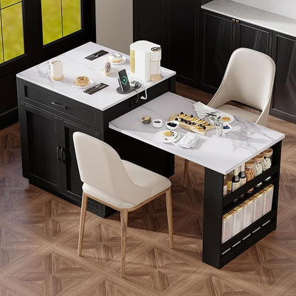 Modern Dining Table 82.7 Inch Kitchen Island with Extendable Table for 4-6 Person, Faux Marble Kitchen Table with, Power Outlet, Wood,Black-Wood
