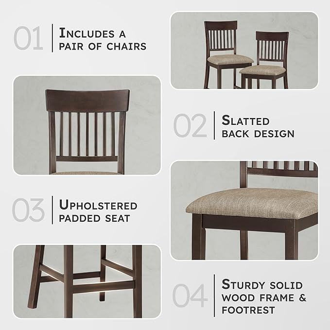 Lexicon Counter Height Stools Set of 2 - Attis Kitchen Counter Stools Set of 2, Upholstered Padded 25.5" Seat Height, Sturdy Solid Wood, Farmhouse Kitchen Chairs, Slat Back, Easy Assembly, Dark Brown
