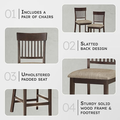 Lexicon Counter Height Stools Set of 2 - Attis Kitchen Counter Stools Set of 2, Upholstered Padded 25.5" Seat Height, Sturdy Solid Wood, Farmhouse Kitchen Chairs, Slat Back, Easy Assembly, Dark Brown