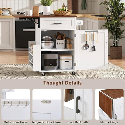 39.3" Kitchen Island with Side Drop Leaf, Space-Saving Rolling Kitchen Cart with Lockable Wheels, Storage Island with Open Side Rack, One Drawer & Towel Rack, for Kitchen, White