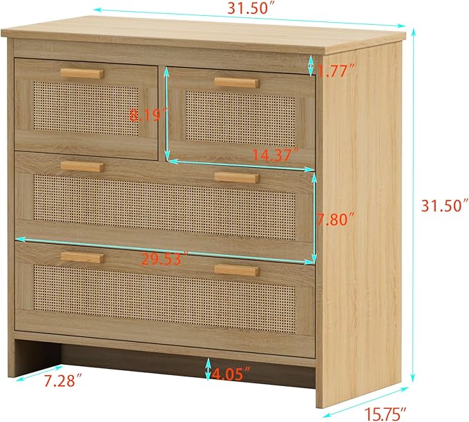 GDFStudio 31.5" Rattan Storage Cabinet with 4 Drawers, Modern Farmhouse Sideboard Buffet Cabinet, Wood Credenza Console Table for Living Room Dining Room Kitchen Hallway, Easy Assembly, Natural