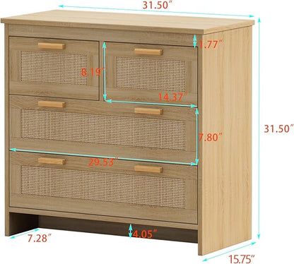 GDFStudio 31.5" Rattan Storage Cabinet with 4 Drawers, Modern Farmhouse Sideboard Buffet Cabinet, Wood Credenza Console Table for Living Room Dining Room Kitchen Hallway, Easy Assembly, Natural