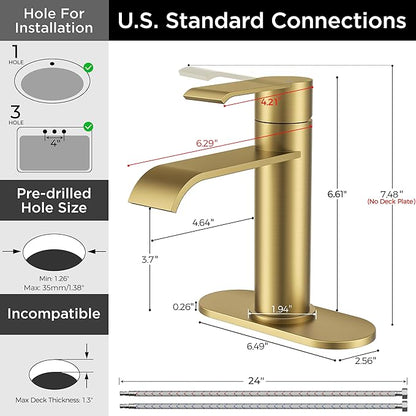 FORIOUS Brushed Gold Bathroom Faucet Single Hole Waterfall Faucet for Bathroom Sink 1 Hole with Deck Plate, Gold Single Handle Vanity Tap with Pop-up Drain and CUPC Hose for RV, Lavatory