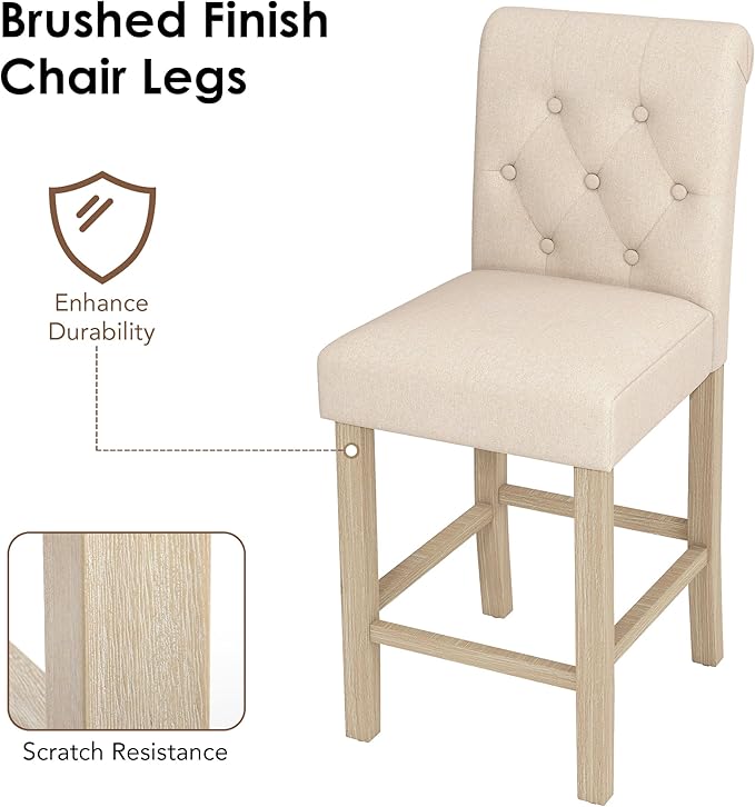 LSSBOUGHT 24 Inches Upholstered Counter Stools, Bar Stools Set of 2, Fabric Counter Stools with Back, Counter Height Bar Chairs with Solid Wood Legs for Home Kitchen Island Dining Room, (2pcs,Beige)