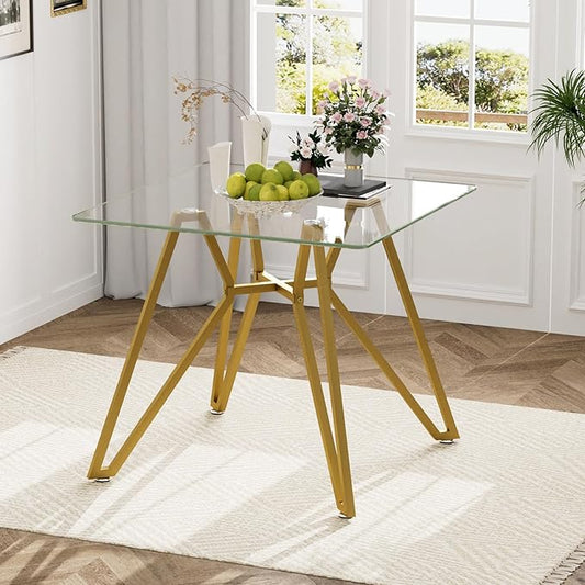 SSLine 35.4" Square Glass Dining Table for 2-4 Modern Clear Glass Tabletop Kitchen Table for 4 Luxury Dinner Tables with Gold Nest Metal Base for Home Kitchen Dining Room(Table Only)