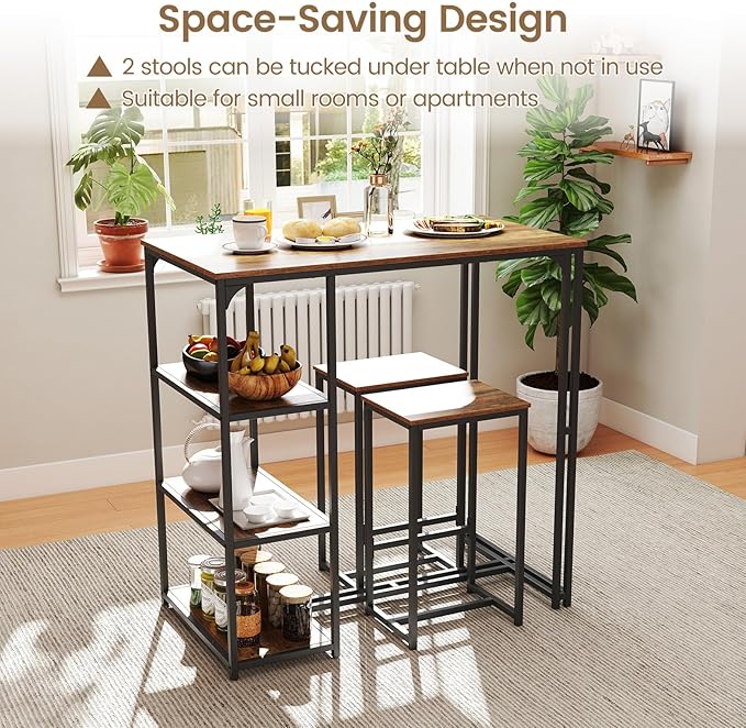 Giantex 3-Piece Dining Table Set for 2, Bar-Height Kitchen Table with 2 Stools, 3 Storage Shelves, Pub Table & Chairs Set for Small Place Apartment Living Room High Top Breakfast Nook Restaurant