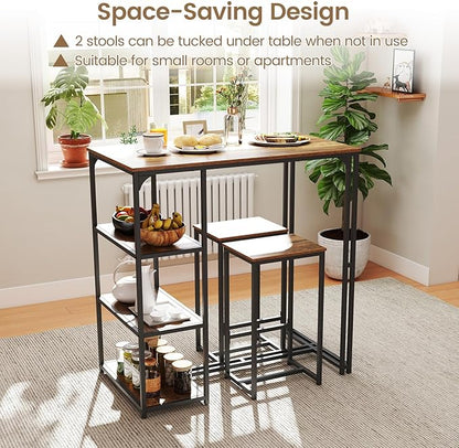 Giantex 3-Piece Dining Table Set for 2, Bar-Height Kitchen Table with 2 Stools, 3 Storage Shelves, Pub Table & Chairs Set for Small Place Apartment Living Room High Top Breakfast Nook Restaurant
