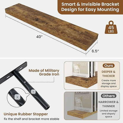 fuqing Floating Shelves for Wall, Wall Mounted Wood Floating Shelf with Invisible Brackets for Living Room, Bathroom, Bedroom, Kitchen Storage and Decor, 40 Inch Set of 2, Rustic Brown