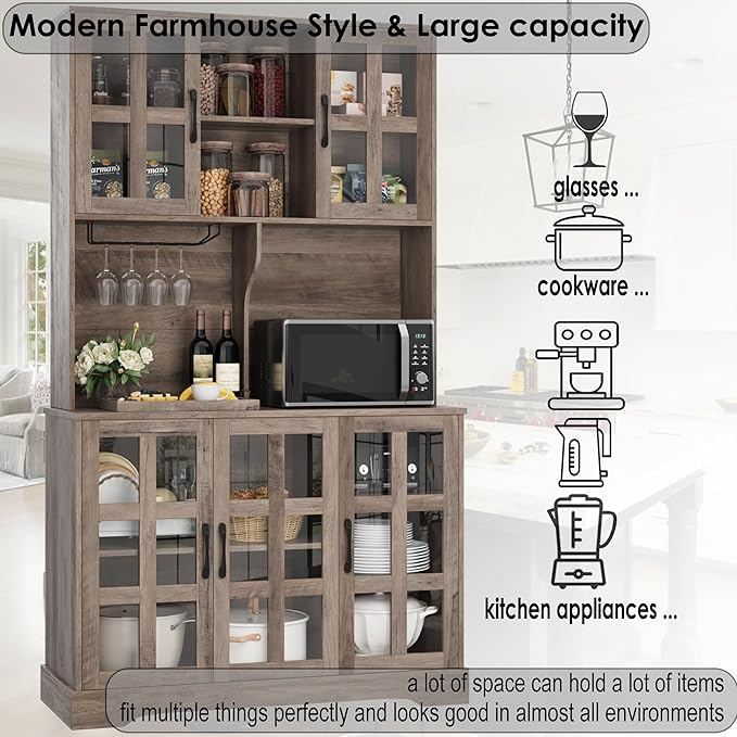 Keyluv Kitchen Pantry Storage Cabinet 71" Tall Freestanding Pantry Cabinet, Farmhouse Glass Door Buffet with Oven Countertop, Large Wood Hutch for Kitchen, Living Room and Dining Room, Rustic