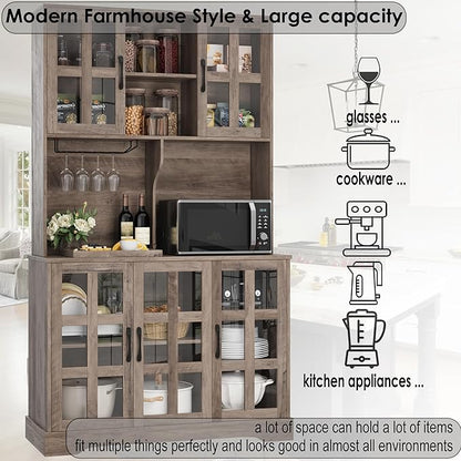 Keyluv Kitchen Pantry Storage Cabinet 71" Tall Freestanding Pantry Cabinet, Farmhouse Glass Door Buffet with Oven Countertop, Large Wood Hutch for Kitchen, Living Room and Dining Room, Rustic
