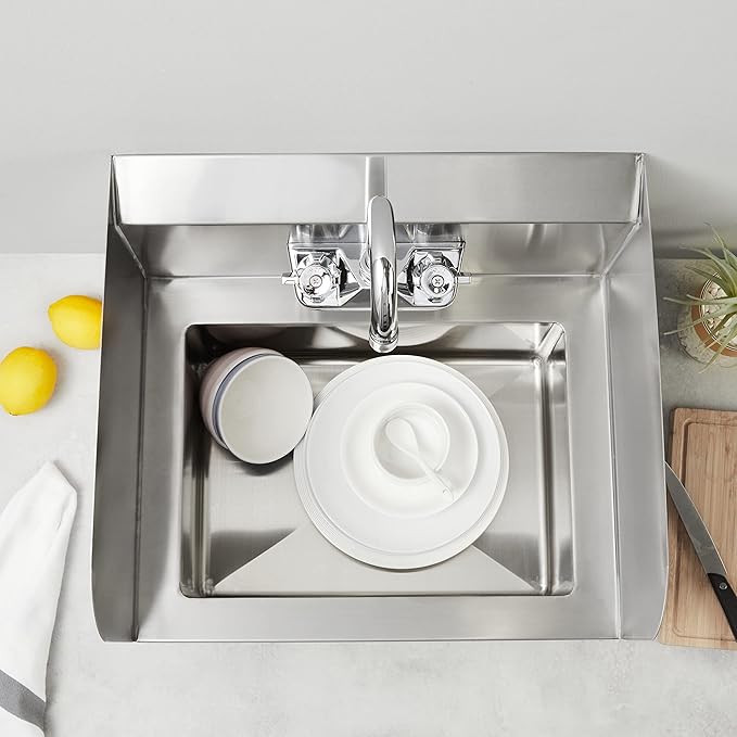 Rockpoint 304 Stainless Steel Handmake Sink for Washing with Faucet and Side Splash, Commercial Wall Mount Hand Basin for Restaurant, Kitchen and Home, 17 x 15 Inches, Silver