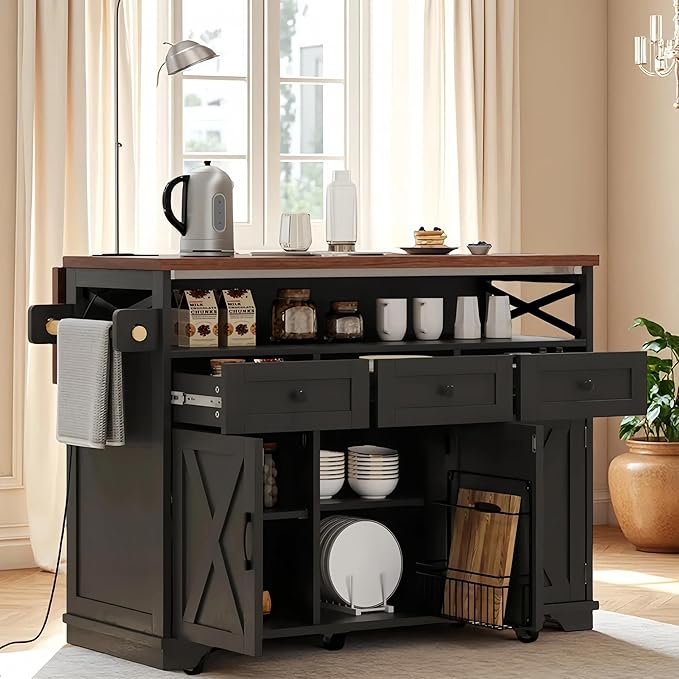 Ball & Cast 46.5" Kitchen Island with Drape of Beads&Power Outlet,Rolling Kitchen Cart on 5 Wheels W/ 3 Drawers,Kitchen Storage Cart W/Internal Iron Shelf&Towel Rack,for Kitchen,Dining Room,Black