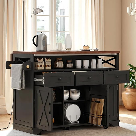 Ball & Cast 46.5" Kitchen Island with Drape of Beads&Power Outlet,Rolling Kitchen Cart on 5 Wheels W/ 3 Drawers,Kitchen Storage Cart W/Internal Iron Shelf&Towel Rack,for Kitchen,Dining Room,Black