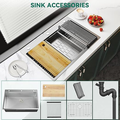 YITAHOME Drop In Kitchen Sink Workstation with Pull-down Faucet, 304 Stainless Steel Single Bowl Top Mount Sink w/Ledge & Accessories, Honeycomb Surface Design, 33 x 22 x 10 in, Silver