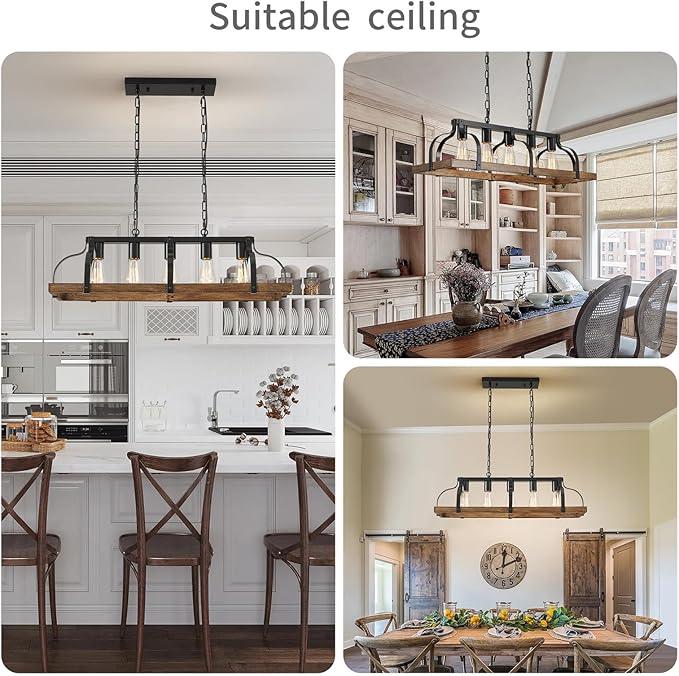 WUZUPS 5-Light Metal Chandelier Imitation Wood Grain Linear Pendant Ceiling Lighting Rustic Farmhouse Fixture Kitchen Island Dining Room, H 8.5" L 31.5" W10, E26 Base, Black & Retro Wood
