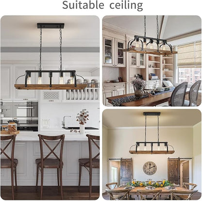 WUZUPS 5-Light Metal Chandelier Imitation Wood Grain Linear Pendant Ceiling Lighting Rustic Farmhouse Fixture Kitchen Island Dining Room, H 8.5" L 31.5" W10, E26 Base, Black & Retro Wood