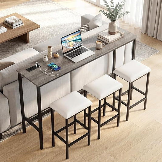COSTWAY 4 Pieces Counter Height Bar Table Set with Power Outlet, 60" Farmhouse Modern Dining Table w/ 3 Padded Stools, Long Kitchen Island Table and Upholstered Chairs for Breakfast Nook, Small Spaces