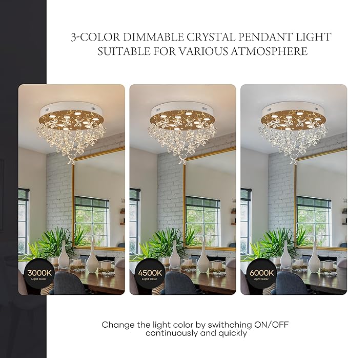 9-Lights Modern Chandelier K9 Crystal Lighting Fixture,20 Inch Round Stainless Steel Flush Mount Ceiling Lights for Bedroom Foyer Hallway Dining Room,GU10 Bulbs Include
