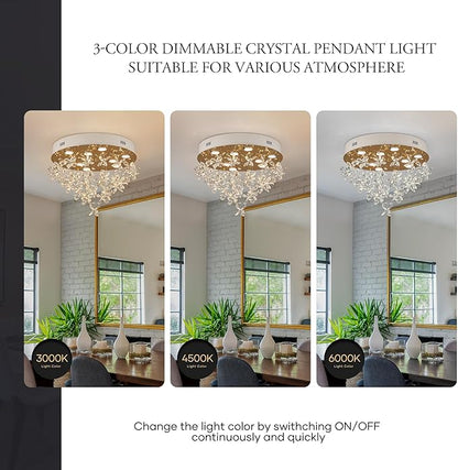 9-Lights Modern Chandelier K9 Crystal Lighting Fixture,20 Inch Round Stainless Steel Flush Mount Ceiling Lights for Bedroom Foyer Hallway Dining Room,GU10 Bulbs Include