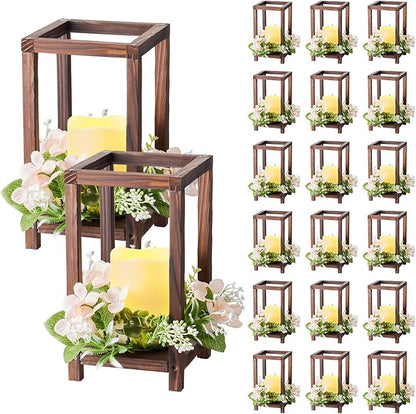 VEVOR 20 Set/60 Pcs Wooden Wedding Lantern Centerpiece, Includes 20 Wooden Lantern Candle Holder 20 Flameless LED Candle 20 Champagne Flower Wreath for Wedding Table Party Farmhouse Decor, Brown