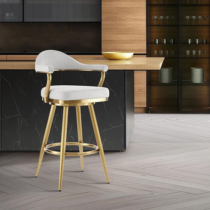 Armen Living Justin Modern Farmhouse 30" Seat Height Swivel Bar Stool with Silver Fabric and Gold Brushed Stainless Steel Legs for Kitchen Island Counter