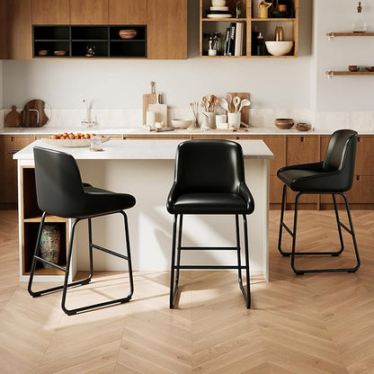 IDEALHOUSE Counter Height Bar Stools Set of 3, PU Leather Barstools with Back and Footrest, Modern Industrial Metal Frame Armless Bar Chairs for Kitchen Island, Counter, Black