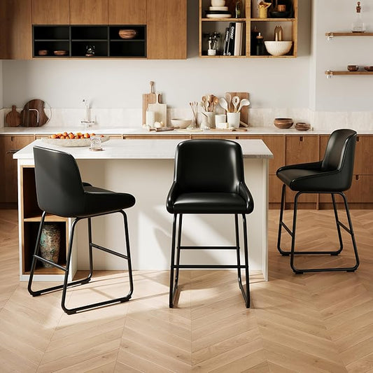 IDEALHOUSE Counter Height Bar Stools Set of 3, PU Leather Barstools with Back and Footrest, Modern Industrial Metal Frame Armless Bar Chairs for Kitchen Island, Counter, Black