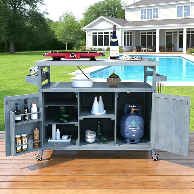 Bellemave Outdoor Kitchen Island with Stainless Steel Top, Rolling Bar Cart & Storage Cabinet, Outdoor Grill Cart with Spice & Towel Rack, Rolling Island Table for Kitchen & BBQ, Grey Blue
