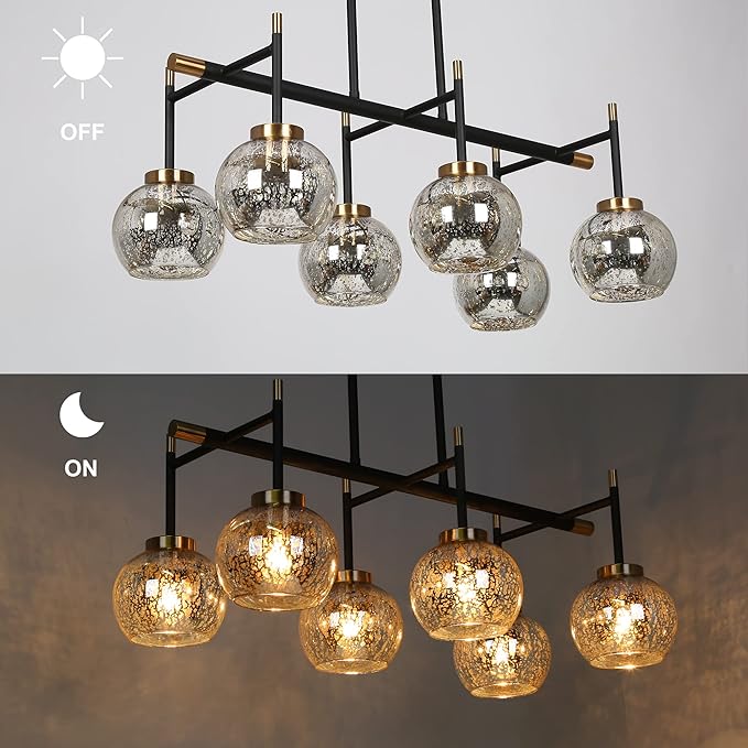 KSANA Dining Room Light Fixture, Modern Metal Black Gold Chandelier for Kitchen Island with Mercury Glass Shades, 27.5"