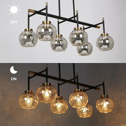 KSANA Dining Room Light Fixture, Modern Metal Black Gold Chandelier for Kitchen Island with Mercury Glass Shades, 27.5"