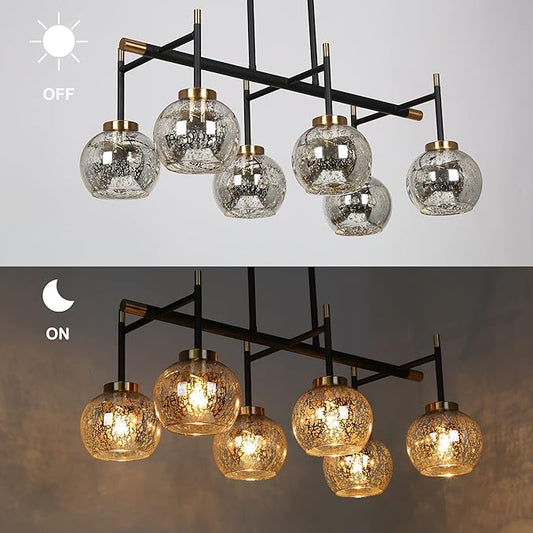 KSANA Dining Room Light Fixture, Modern Metal Black Gold Chandelier for Kitchen Island with Mercury Glass Shades, 27.5"